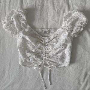 Hollister White Eyelet Puff Sleeve Cinch Crop Top